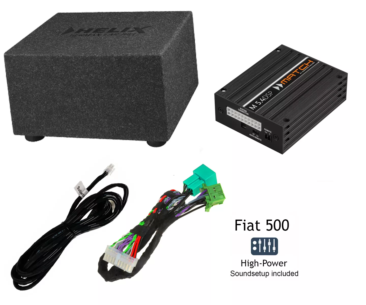 Fiat 500E (BEV) mit Standard Soundsystem | 5-Kanal DSP Soundupgrade | Subwoofer K8E²