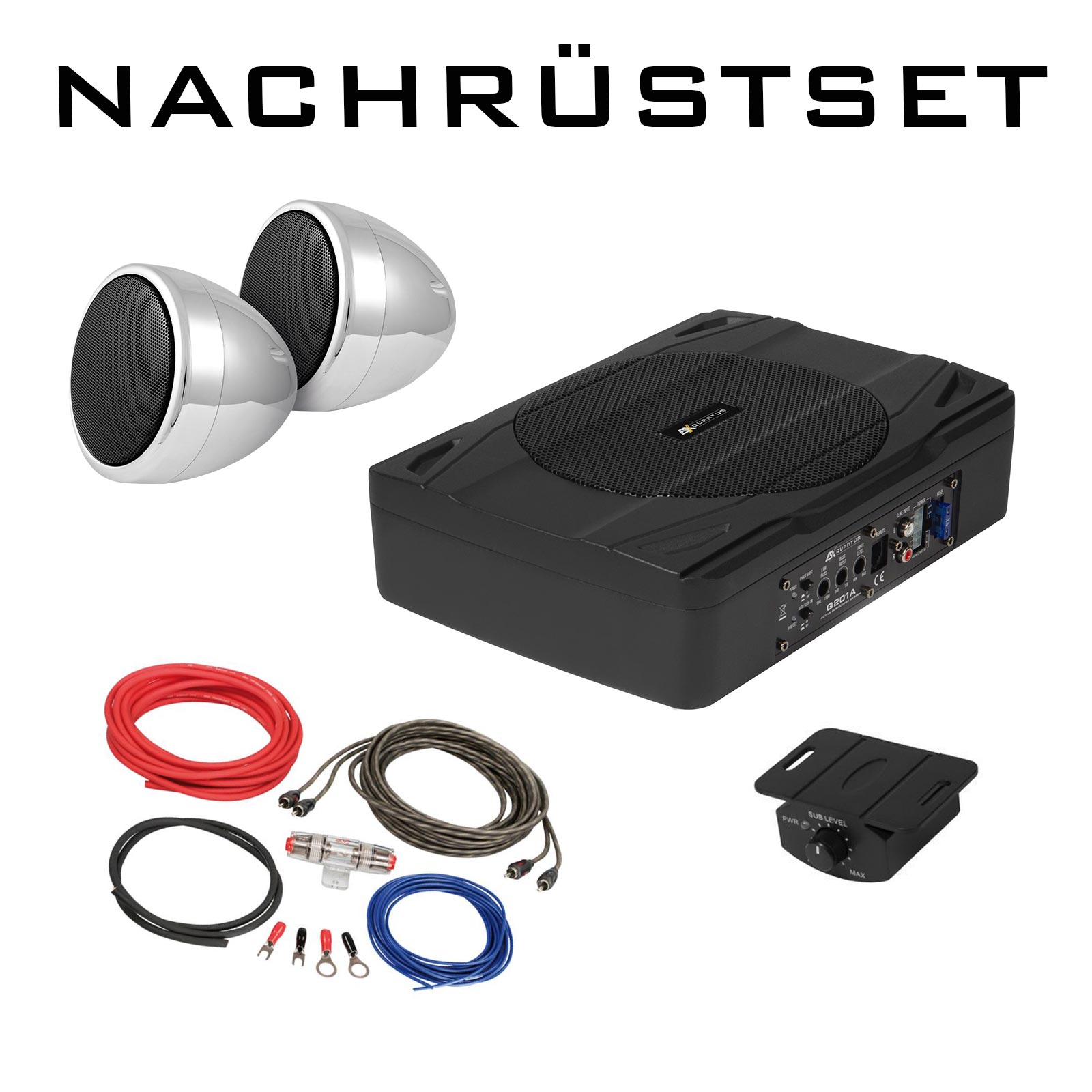 Oldtimer Einbauset ESX Q201A + QX75-CHR Subwoofer & Aufbaulautsprecher silber