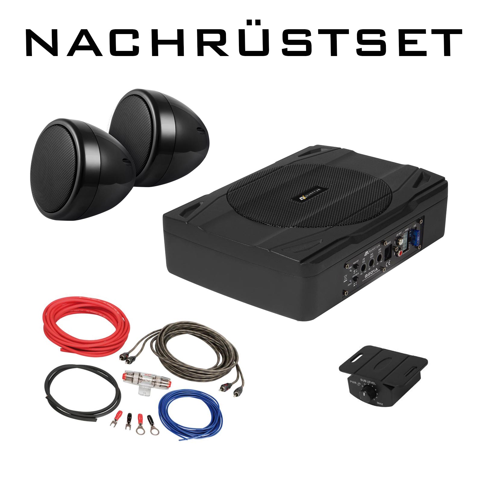 Oldtimer Einbauset ESX Q201A + QX75-BLK Subwoofer & Aufbaulautsprecher schwarz