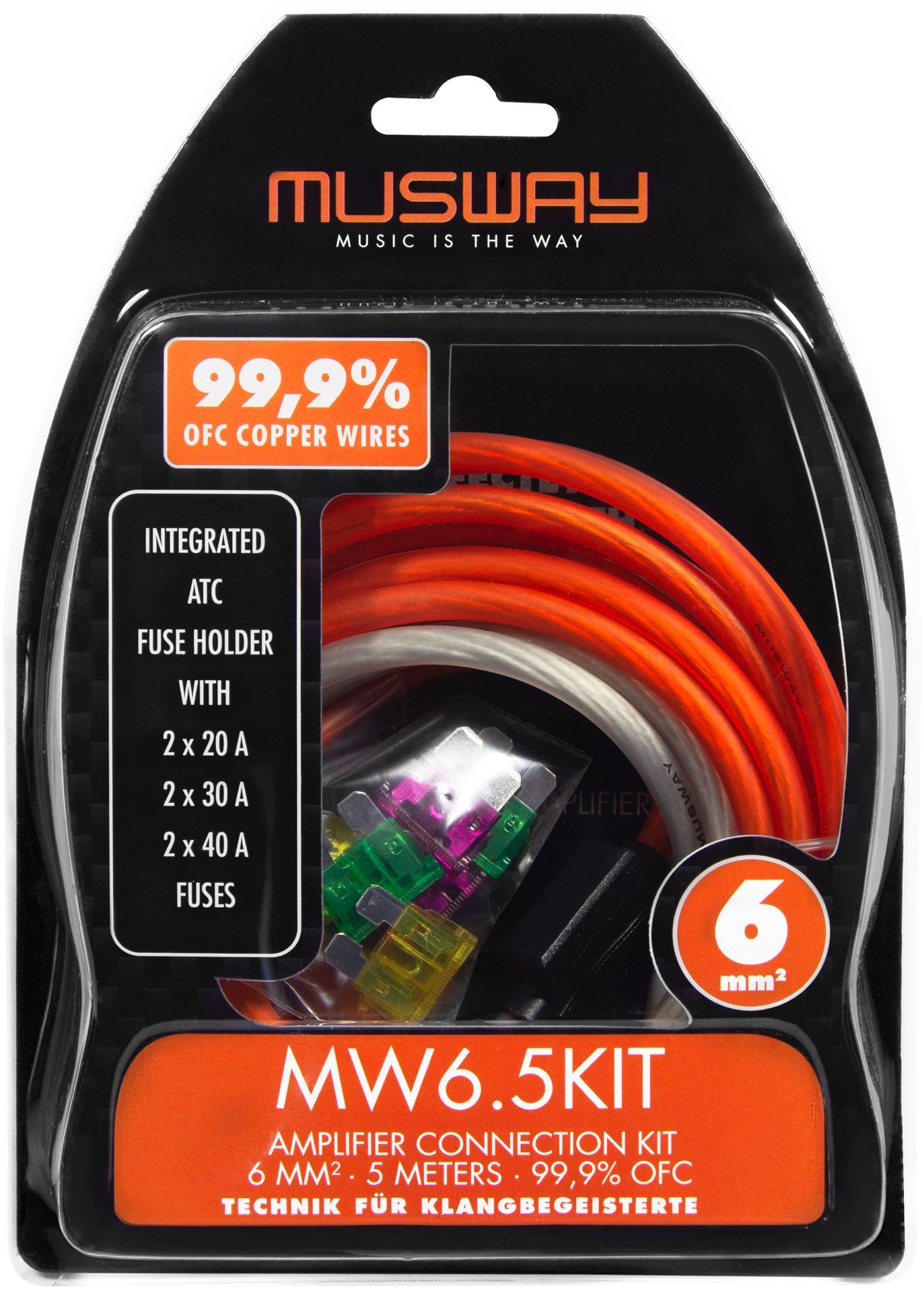 Musway MW6.5KIT 6 MM2 VERSTÄRKER-ANSCHLUSS-SET, 5 METER VOLLKUPFER (99,9% OFC)-