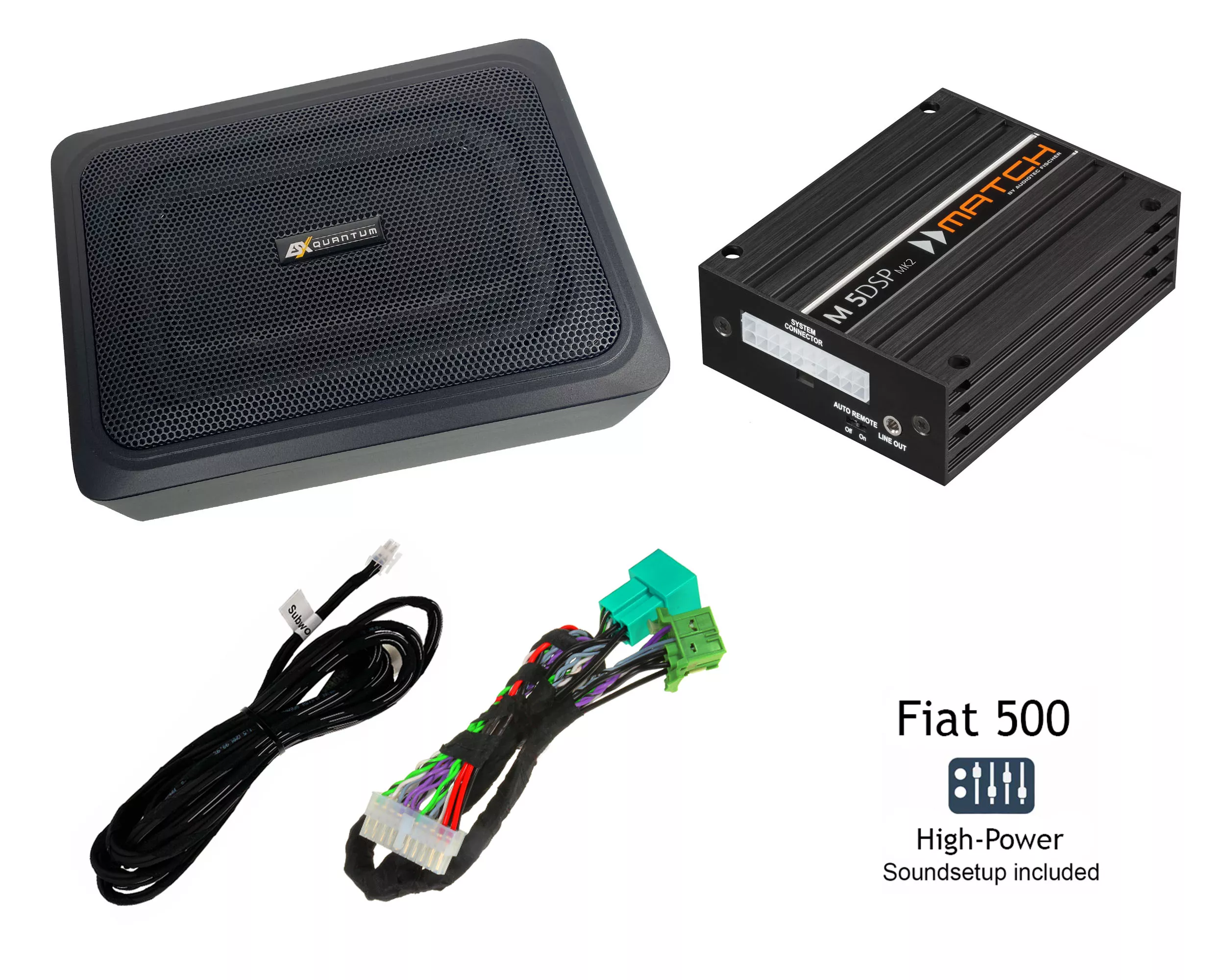 Fiat 500E (BEV) mit Standard Soundsystem | 5-Kanal DSP Soundupgrade | Subwoofer Q168P